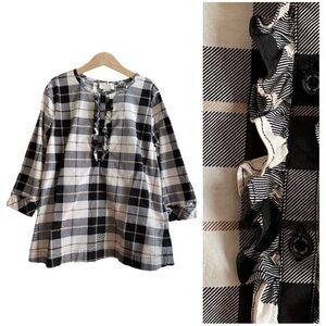 Kate Spade Beige Black Plaid Ruffle Top